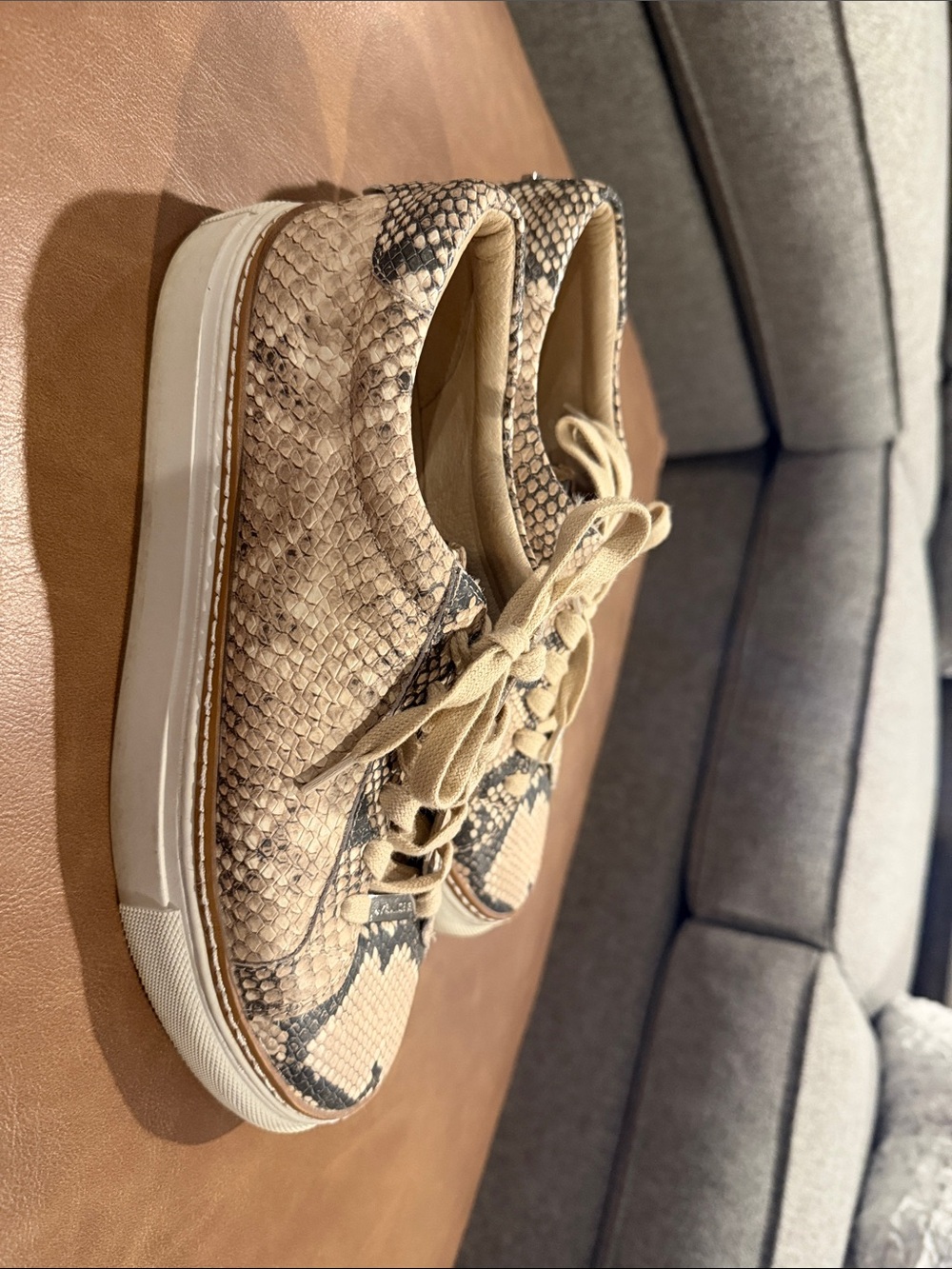 J Slides Tan and Black Snake-Print Sneakers